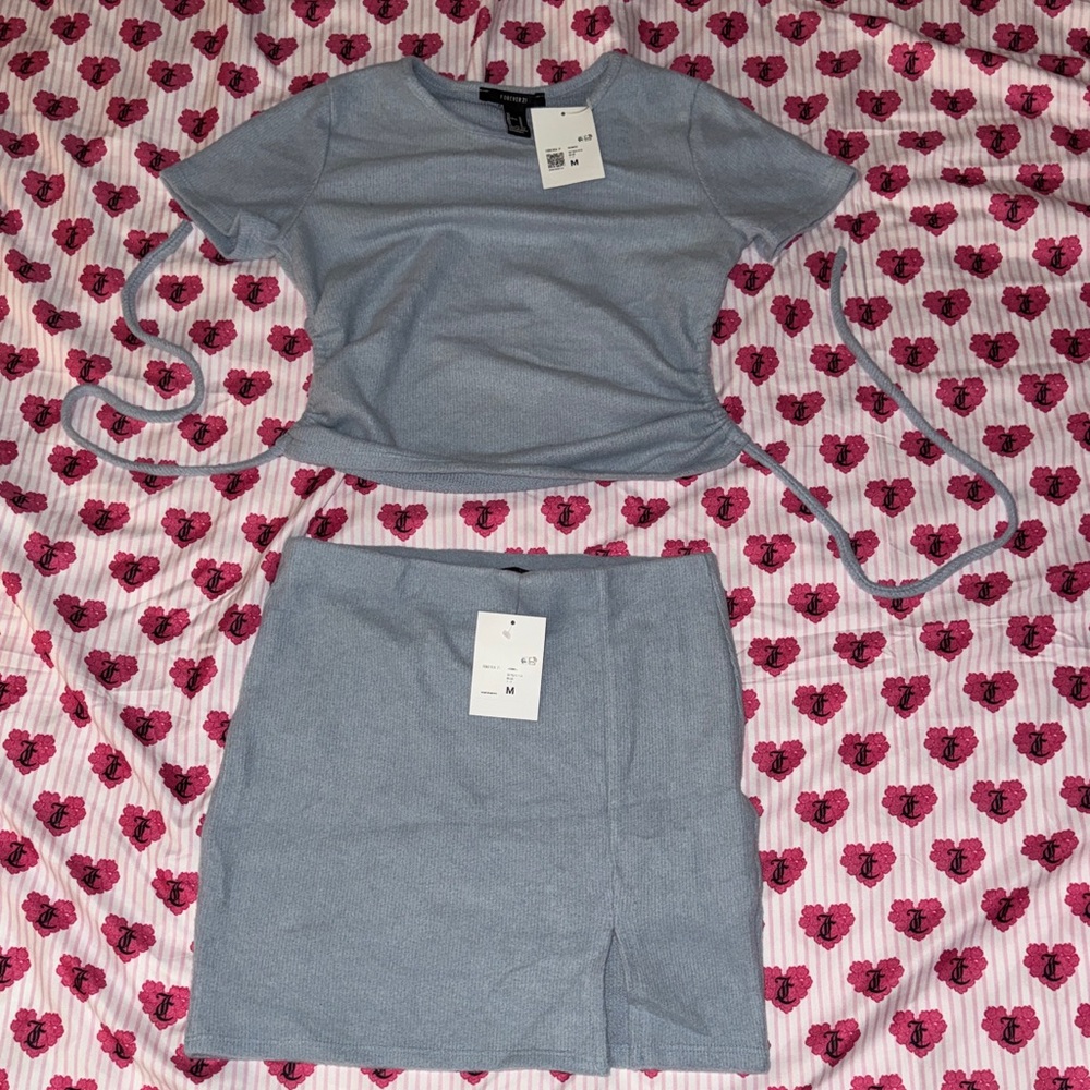 Forever 21 Light Blue Ribbed Tie-Back Crop Top & Mini Skirt Set